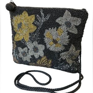 Vintage Elegant Jeanne Lottie Beaded Floral Evening Bag With Strap